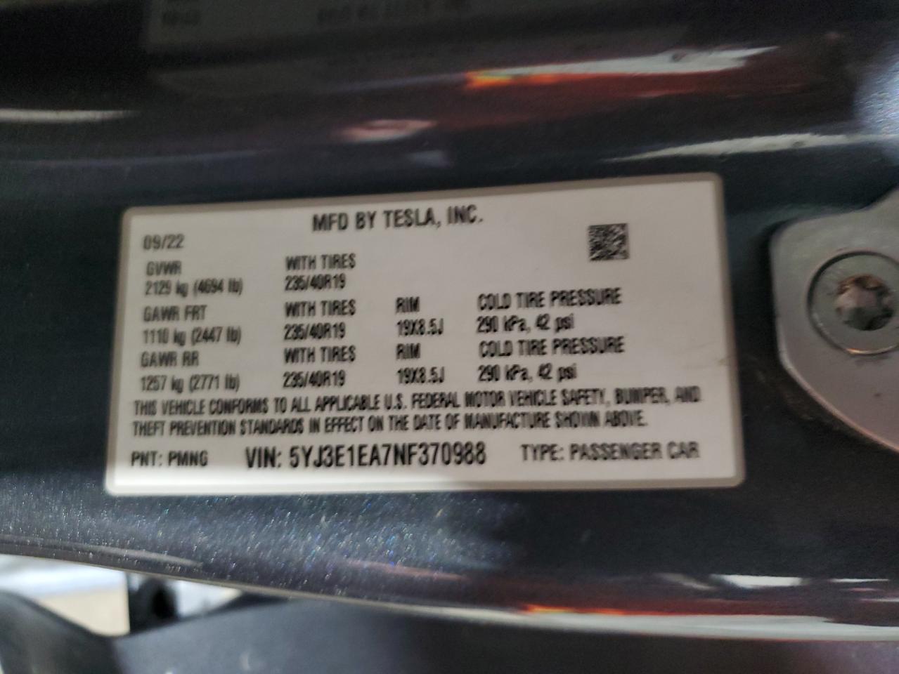 2022 Tesla Model 3 VIN: 5YJ3E1EA7NF370988 Lot: 47490295