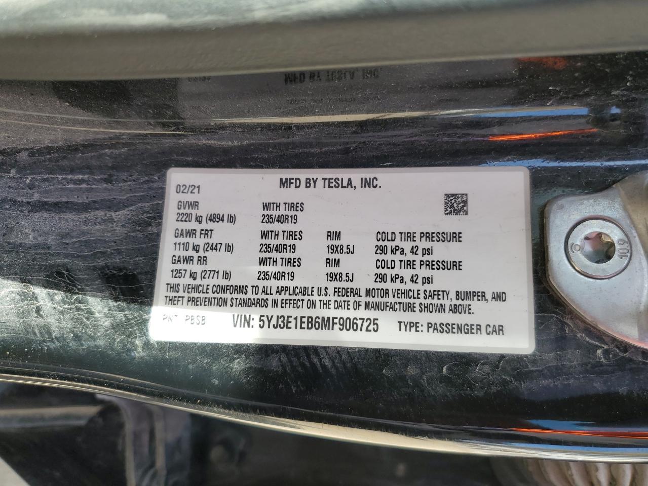2021 Tesla Model 3 VIN: 5YJ3E1EB6MF906725 Lot: 47838945