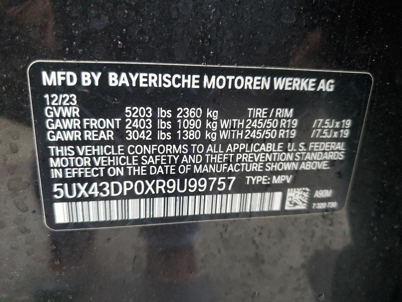 2024 BMW X3 Sdrive30I VIN: 5UX43DP0XR9U99757 Lot: 47783785
