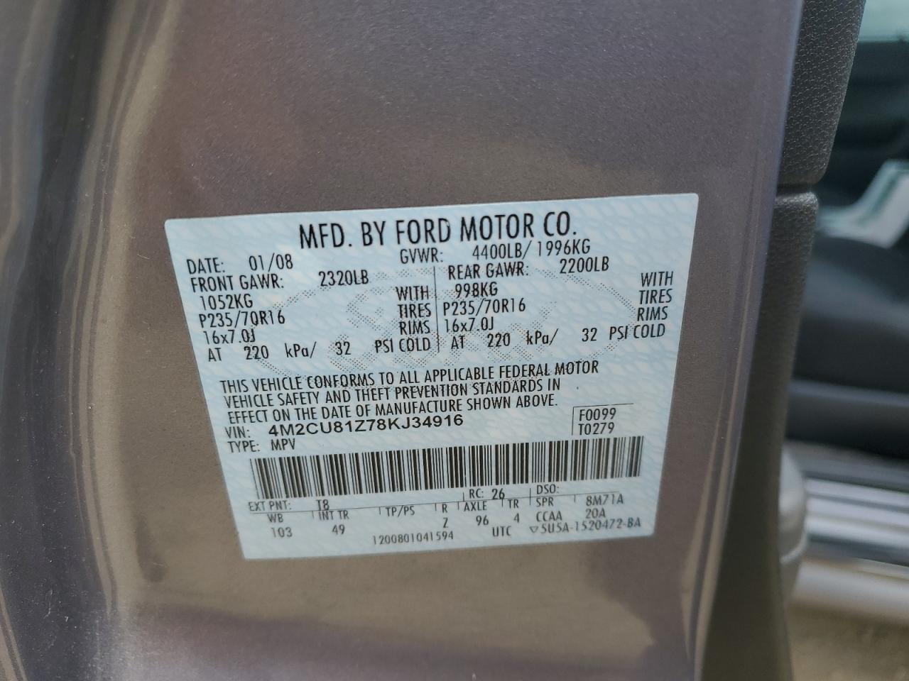 2008 Mercury Mariner VIN: 4M2CU81Z78KJ34916 Lot: 48943055