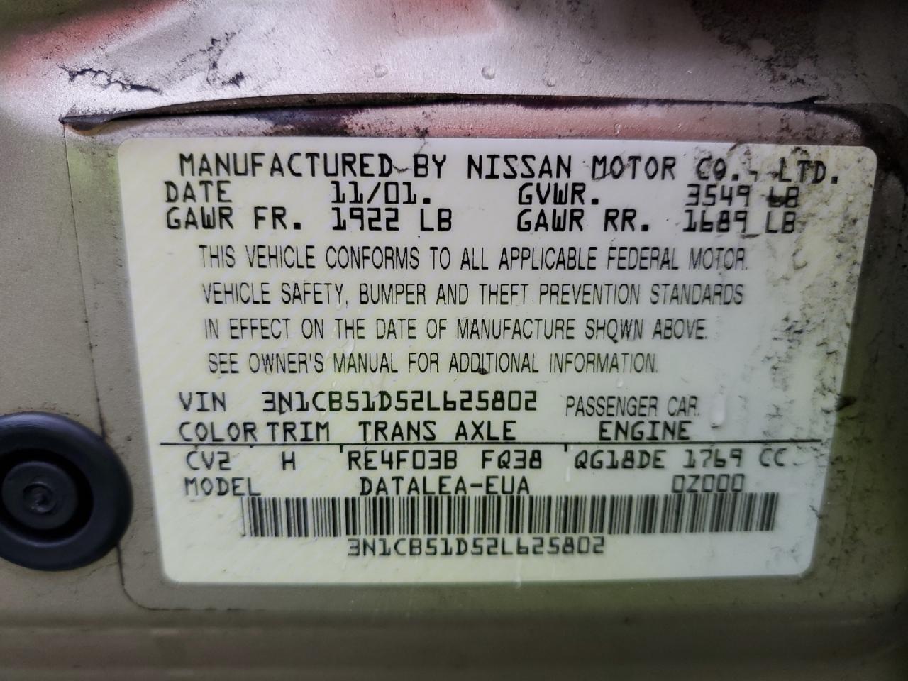 2002 Nissan Sentra Xe VIN: 3N1CB51D52L625802 Lot: 48799055
