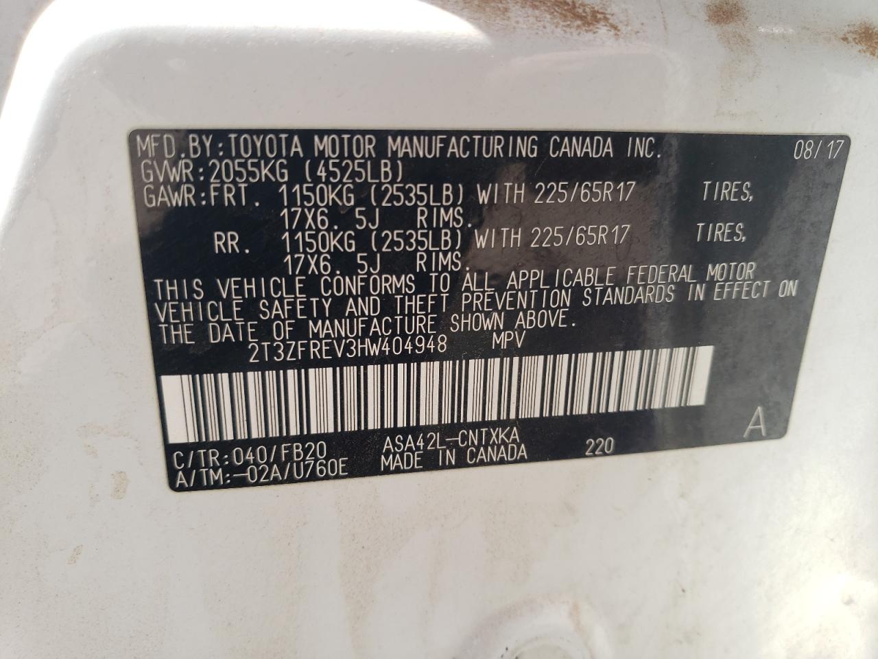 2017 Toyota Rav4 Le VIN: 2T3ZFREV3HW404948 Lot: 51303095