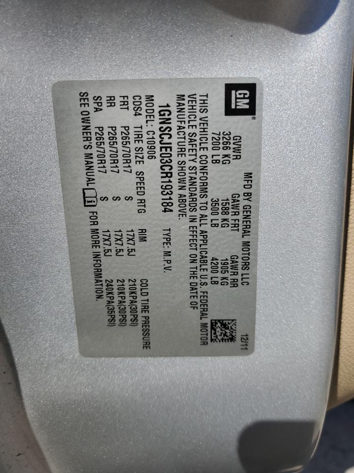 2012 Chevrolet Suburban C1500 Lt VIN: 1GNSCJE03CR193184 Lot: 49273465