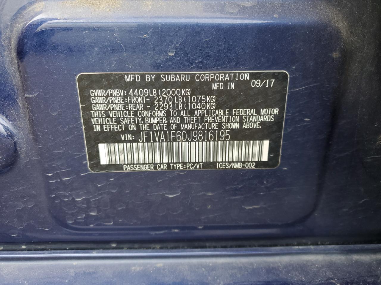 2018 Subaru Wrx Limited VIN: JF1VA1F60J9816195 Lot: 49536105