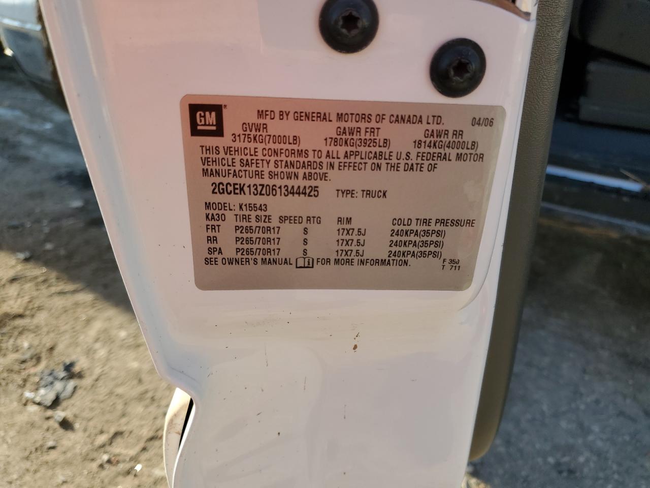 2006 Chevrolet Silverado K1500 VIN: 2GCEK13Z061344425 Lot: 50647035