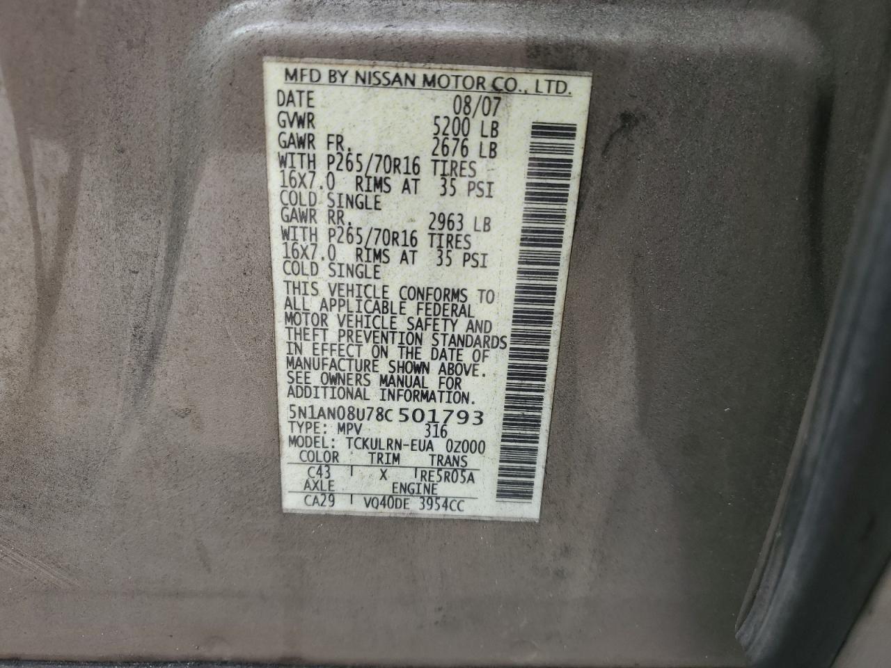 2008 Nissan Xterra Off Road VIN: 5N1AN08U78C501793 Lot: 48053005