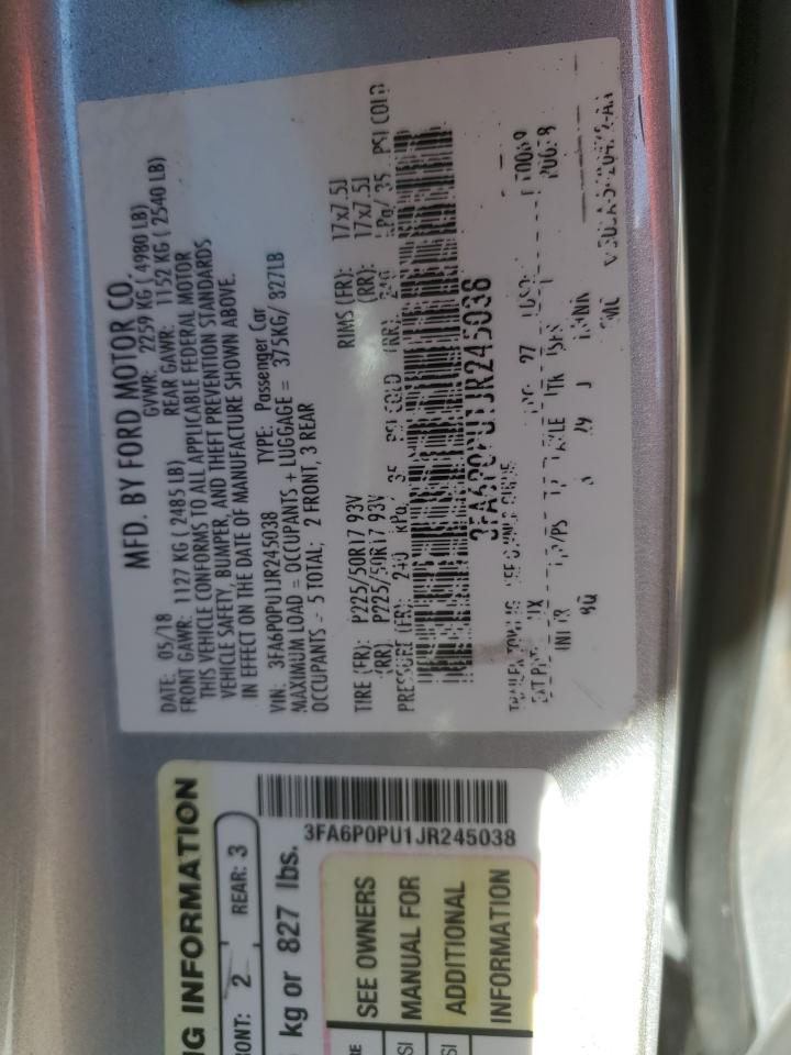 2018 Ford Fusion Se Phev VIN: 3FA6P0PU1JR245038 Lot: 48672125