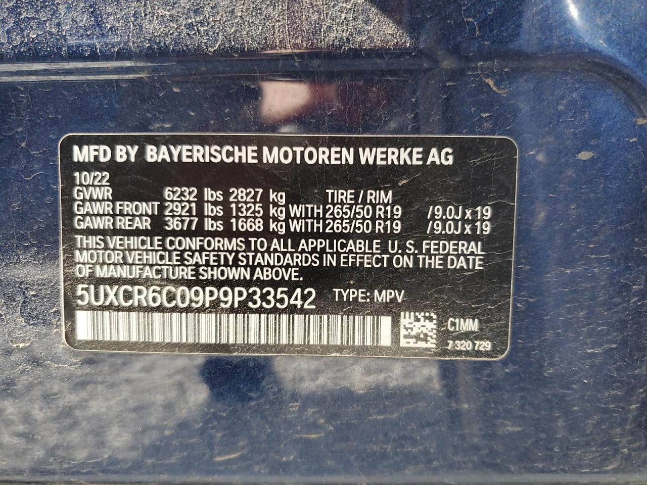 2023 BMW X5 xDrive40I VIN: 5UXCR6C09P9P33542 Lot: 50125655