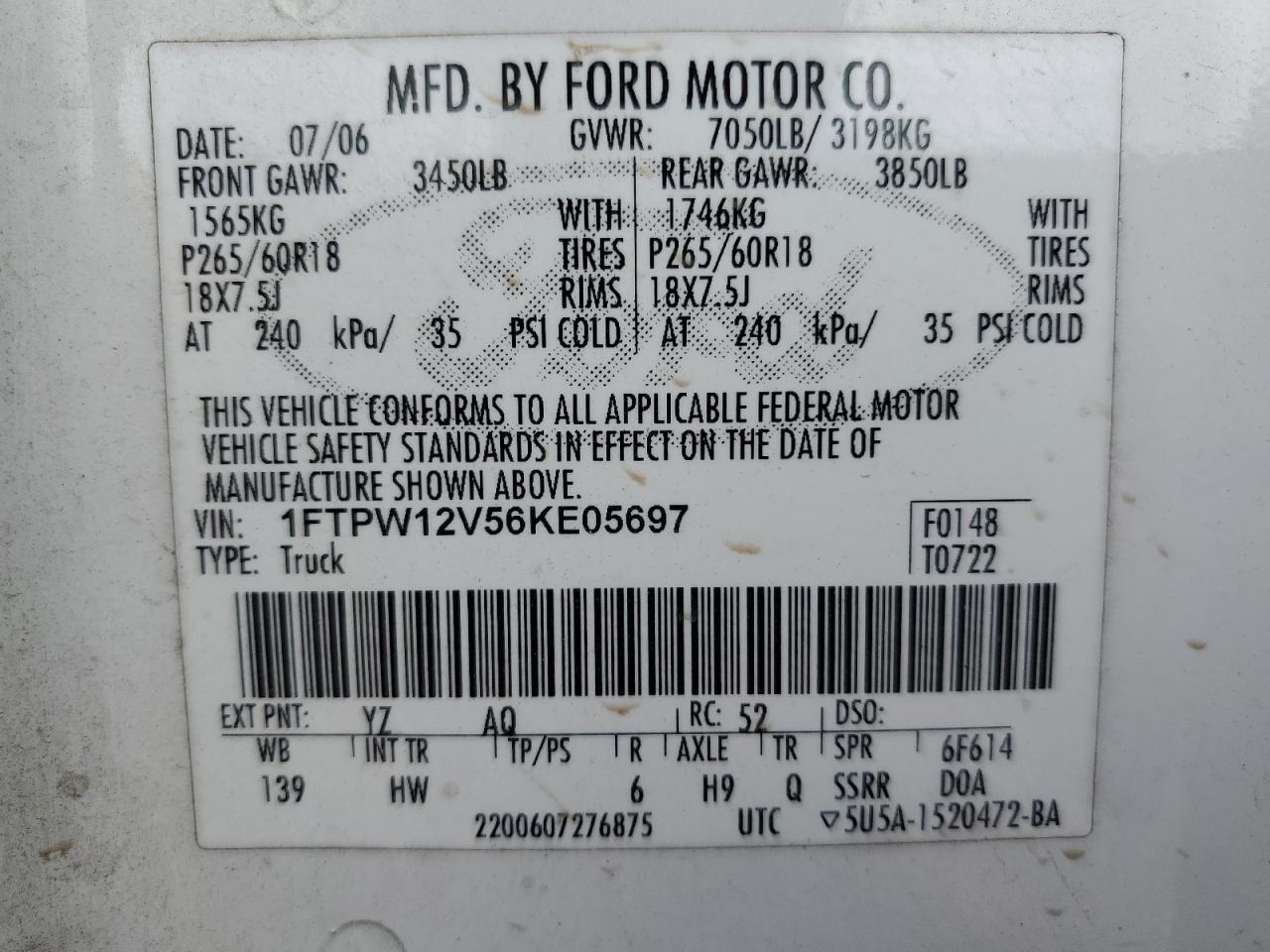 2006 Ford F150 Supercrew VIN: 1FTPW12V56KE05697 Lot: 49475675