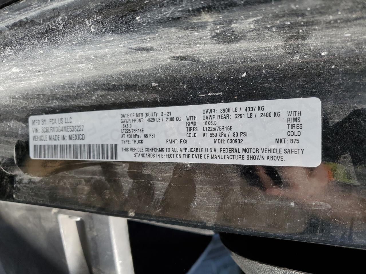 2021 Ram Promaster 2500 2500 High VIN: 3C6LRVDG4ME538227 Lot: 48480605