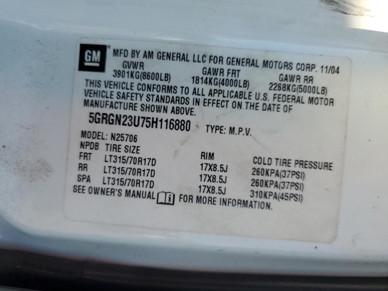 2005 Hummer H2 VIN: 5GRGN23U75H116880 Lot: 47664505