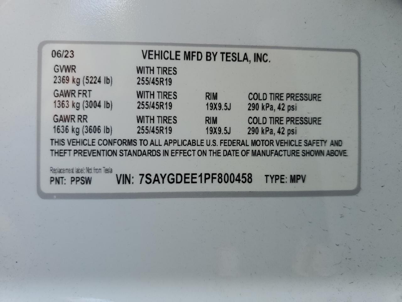 2023 Tesla Model Y VIN: 7SAYGDEE1PF800458 Lot: 47595485