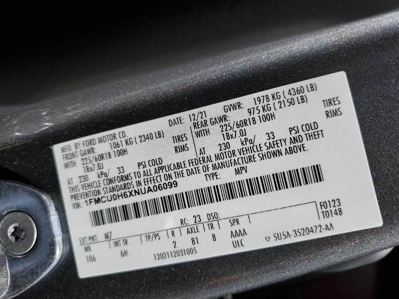 2022 Ford Escape Sel VIN: 1FMCU0H6XNUA06099 Lot: 48384035