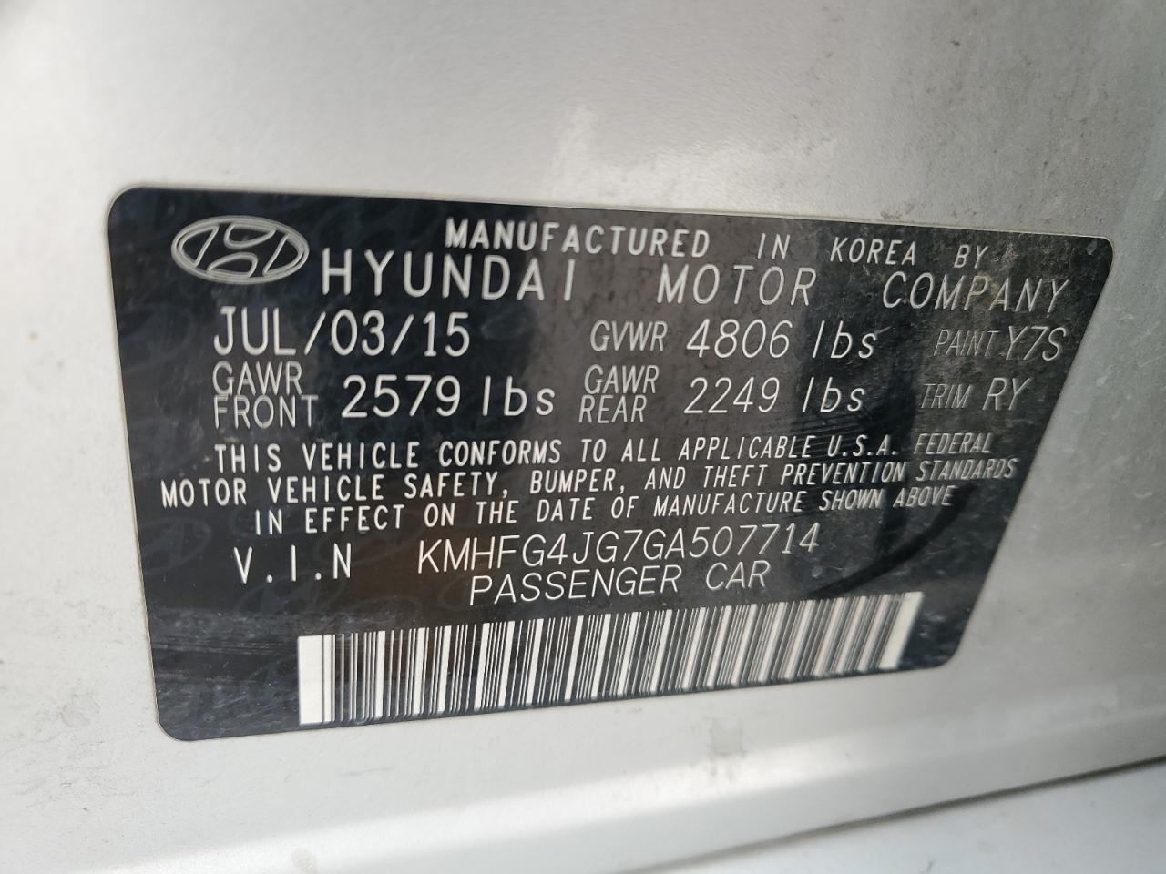 2016 Hyundai Azera VIN: KMHFG4JG7GA507714 Lot: 49068555