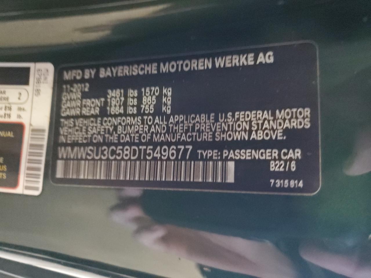 2013 Mini Cooper VIN: WMWSU3C58DT549677 Lot: 49771865