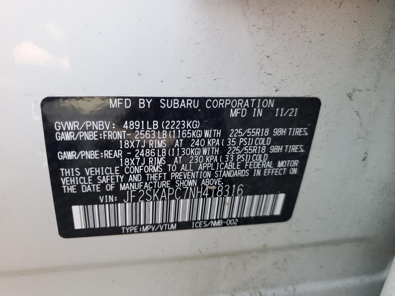2022 Subaru Forester Limited VIN: JF2SKAPC7NH418316 Lot: 51151385