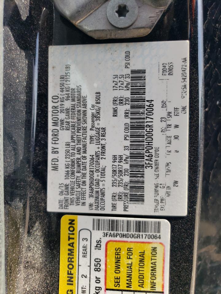 2016 Ford Fusion Se VIN: 3FA6P0HD0GR170064 Lot: 66642185