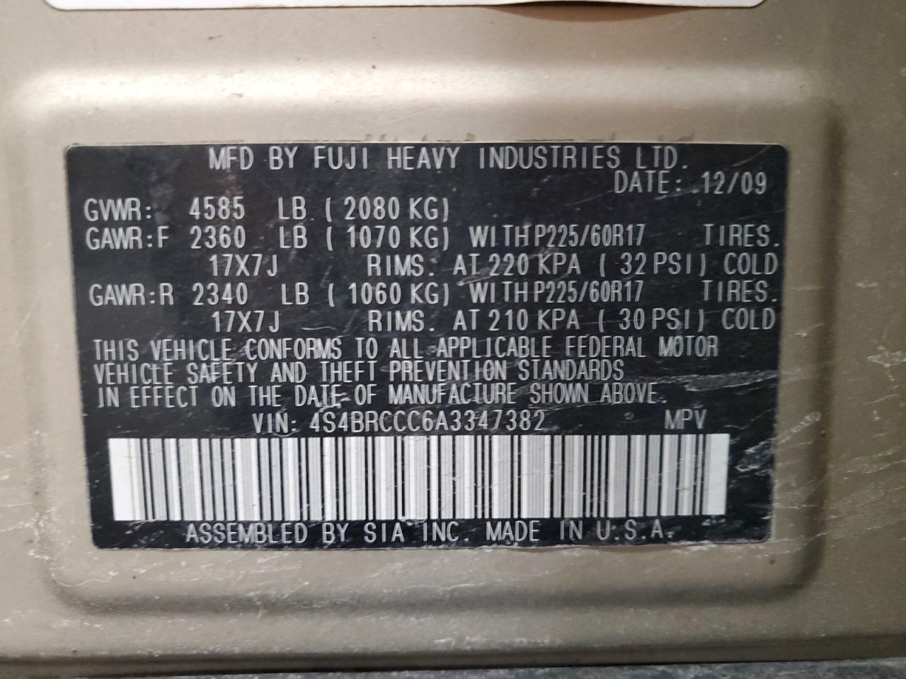 2010 Subaru Outback 2.5I Premium VIN: 4S4BRCCC6A3347382 Lot: 48396795