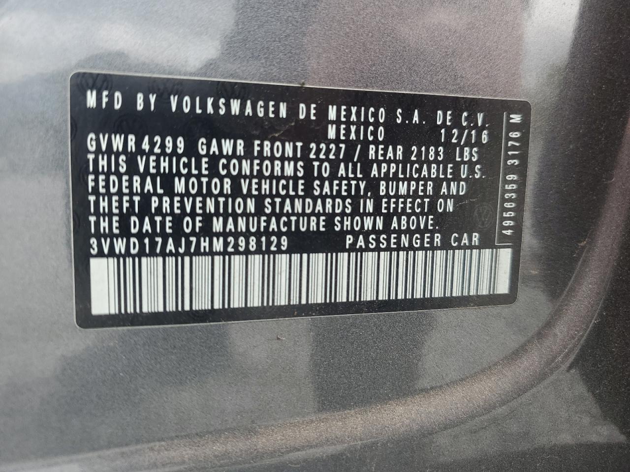 2017 Volkswagen Jetta Sport VIN: 3VWD17AJ7HM298129 Lot: 51224065