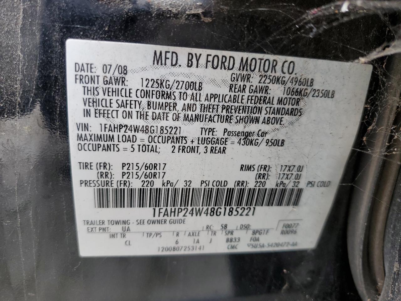2008 Ford Taurus Sel VIN: 1FAHP24W48G185221 Lot: 61745955