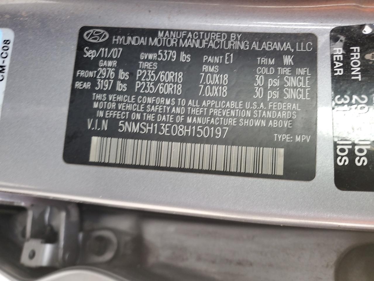 2008 Hyundai Santa Fe Se VIN: 5NMSH13E08H150197 Lot: 48773725