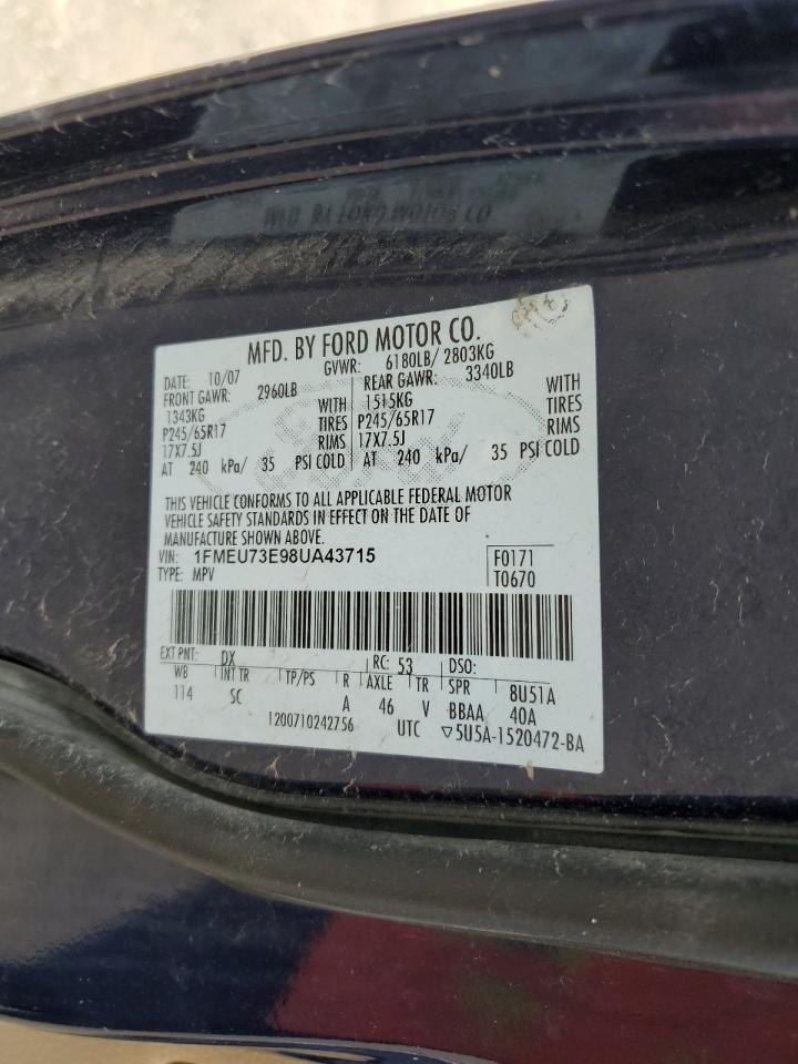 2008 Ford Explorer Xlt VIN: 1FMEU73E98UA43715 Lot: 50720855