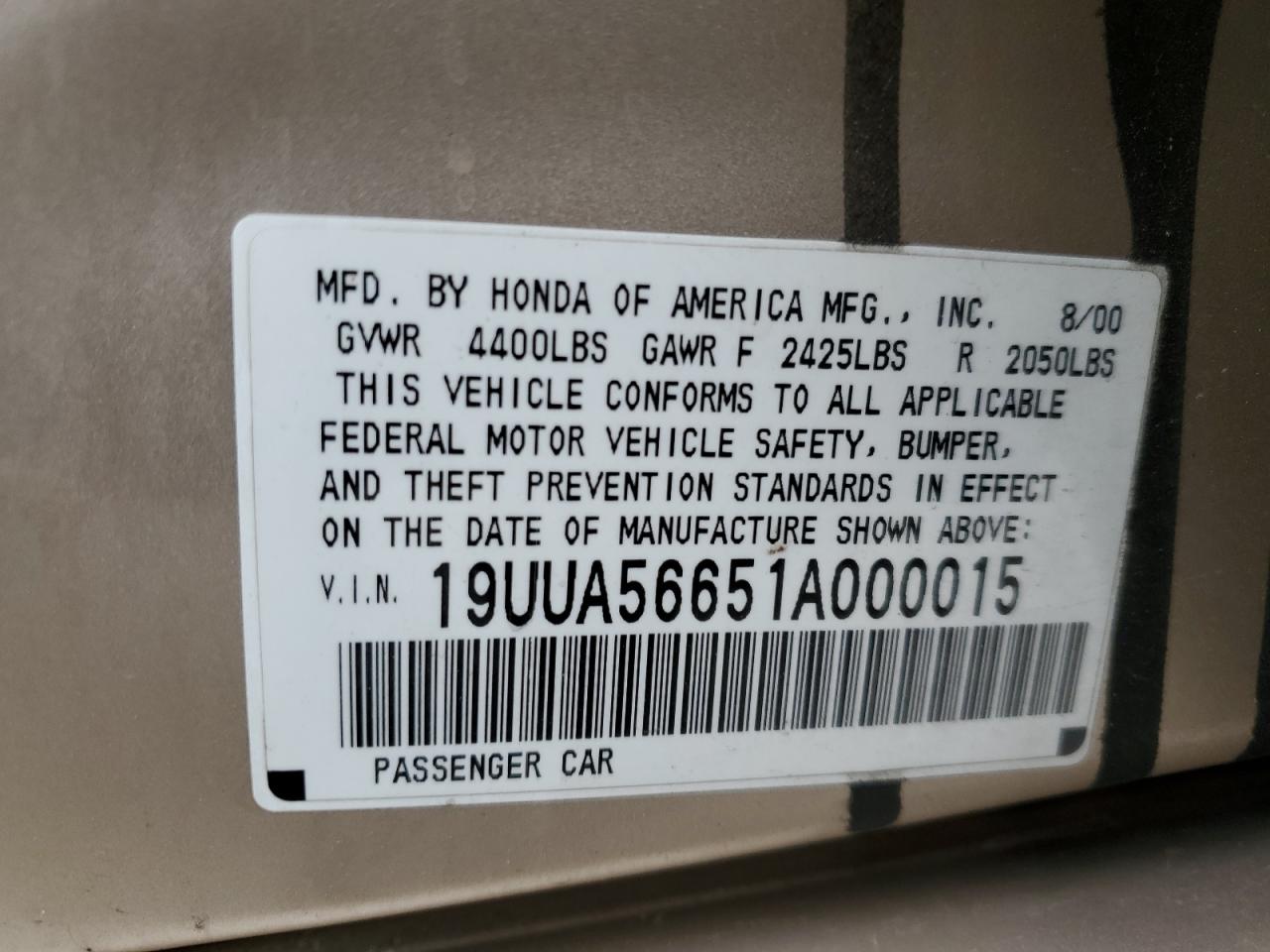 2001 Acura 3.2Tl VIN: 19UUA56651A000015 Lot: 50957565
