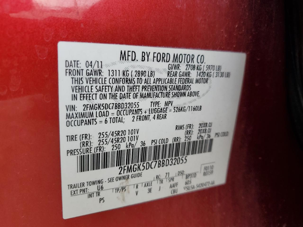 2011 Ford Flex Limited VIN: 2FMGK5DC7BBD32055 Lot: 48855685