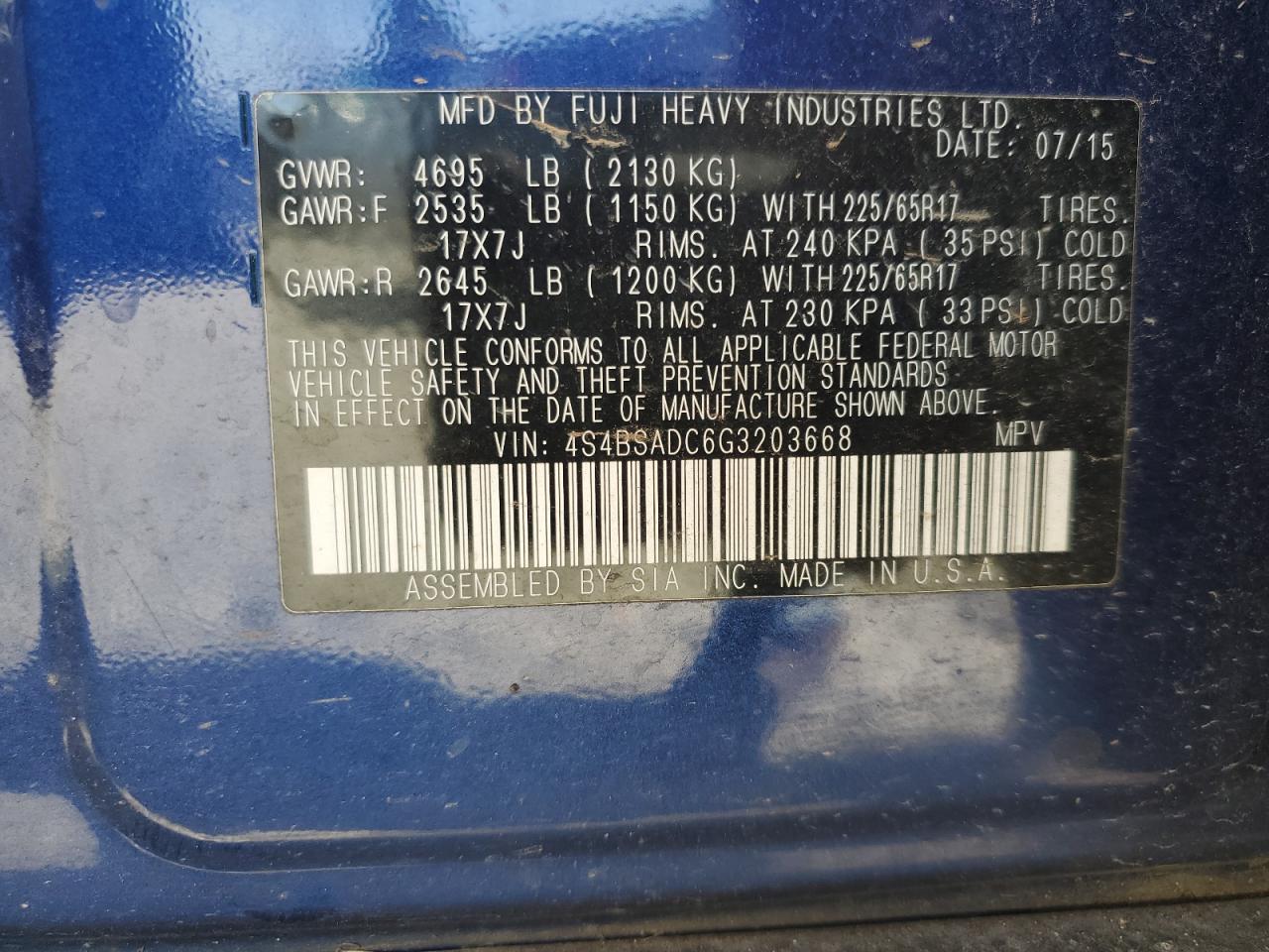 2016 Subaru Outback 2.5I Premium VIN: 4S4BSADC6G3203668 Lot: 50034065