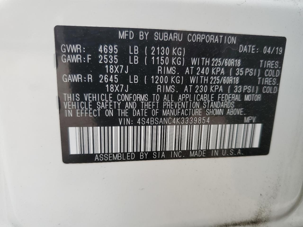 2019 Subaru Outback 2.5I Limited VIN: 4S4BSANC4K3339854 Lot: 50244655
