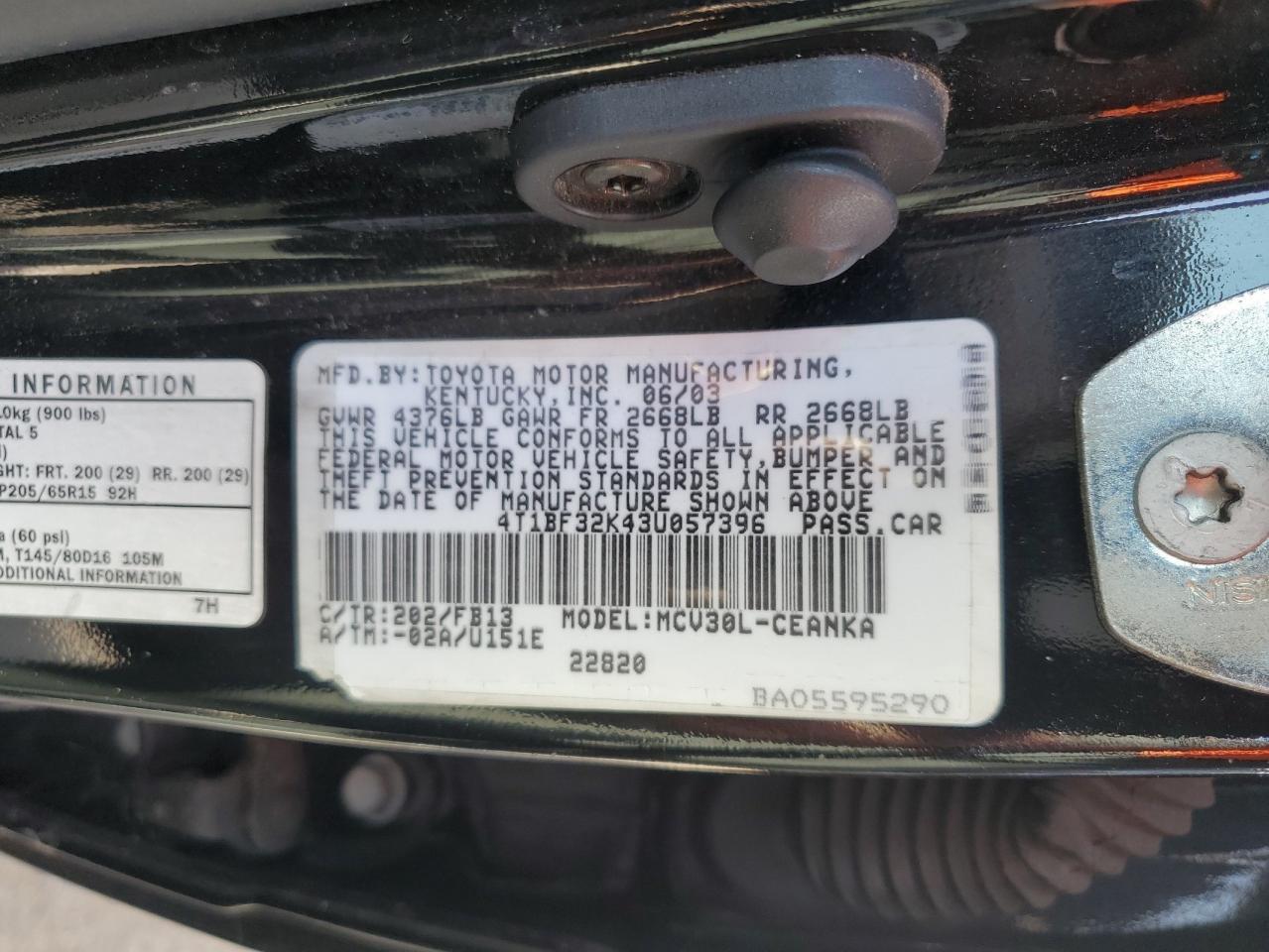 2003 Toyota Camry Le VIN: 4T1BF32K43U057396 Lot: 47314565