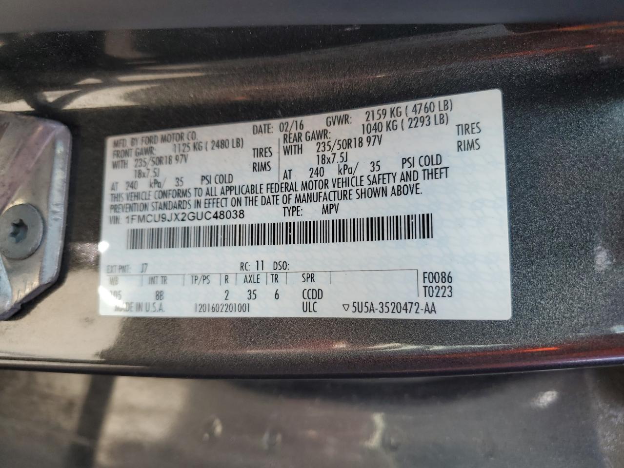 2016 Ford Escape Titanium VIN: 1FMCU9JX2GUC48038 Lot: 49788615