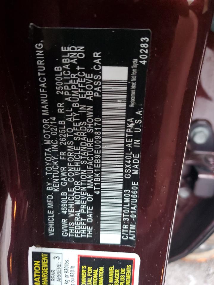 2014 Toyota Avalon Base VIN: 4T1BK1EB9EU098170 Lot: 50316575
