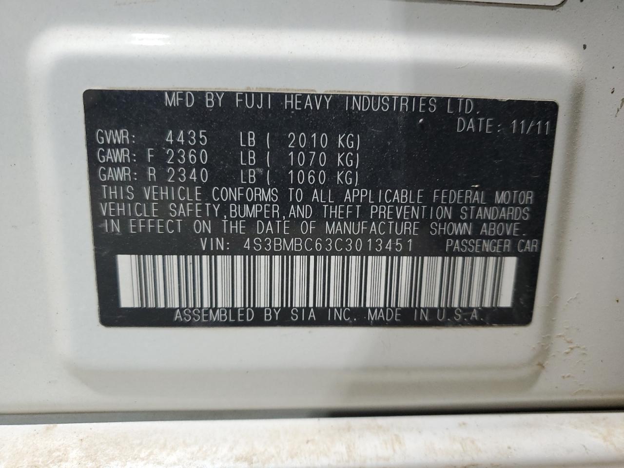 2012 Subaru Legacy 2.5I Premium VIN: 4S3BMBC63C3013451 Lot: 47563185