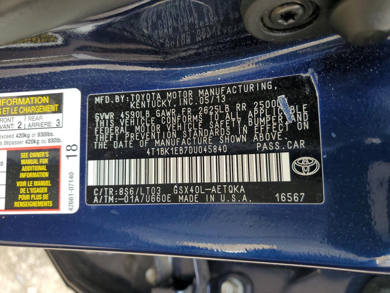 2013 Toyota Avalon Base VIN: 4T1BK1EB7DU045840 Lot: 49970245