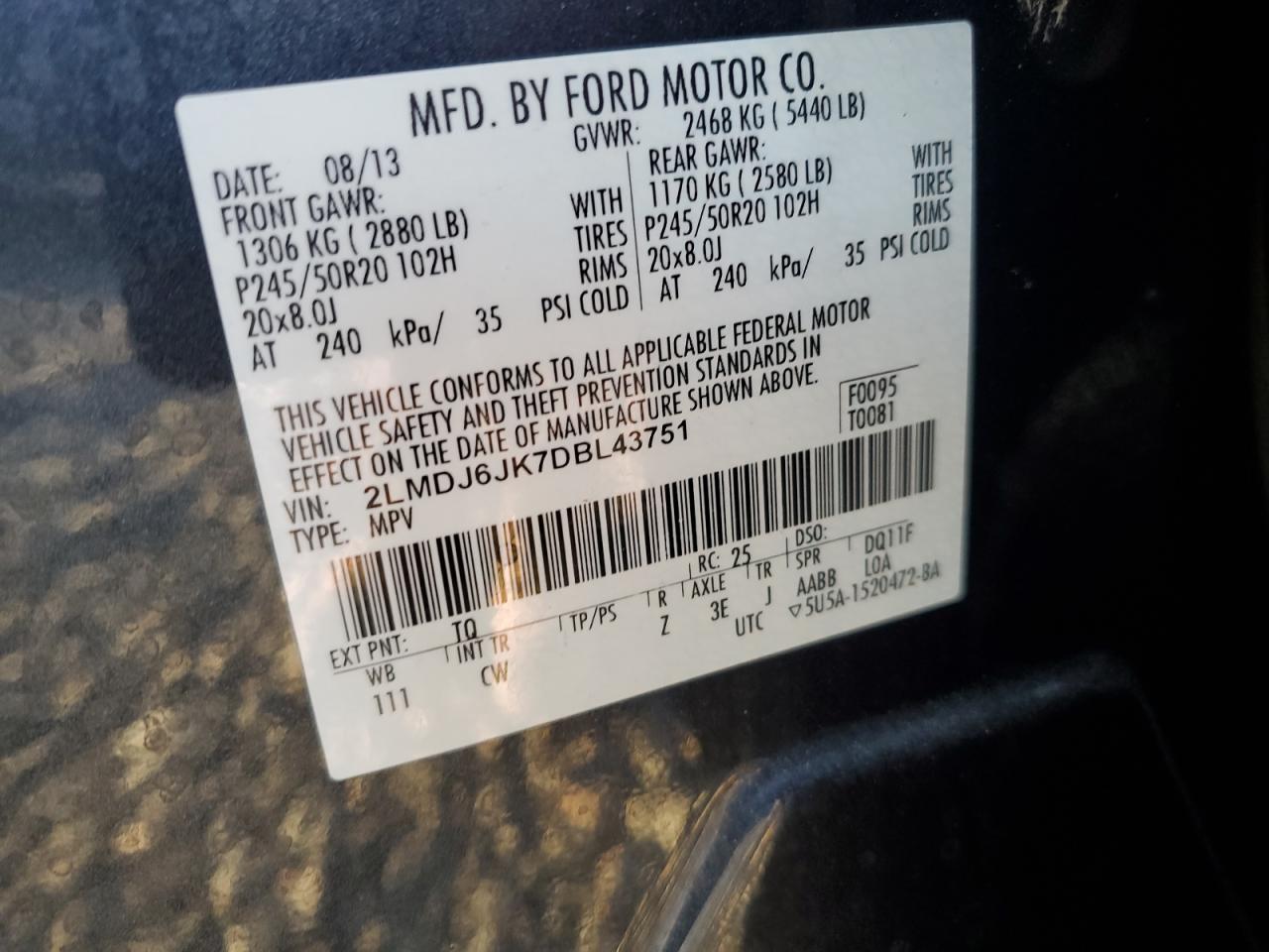 2013 Lincoln Mkx VIN: 2LMDJ6JK7DBL43751 Lot: 50686865