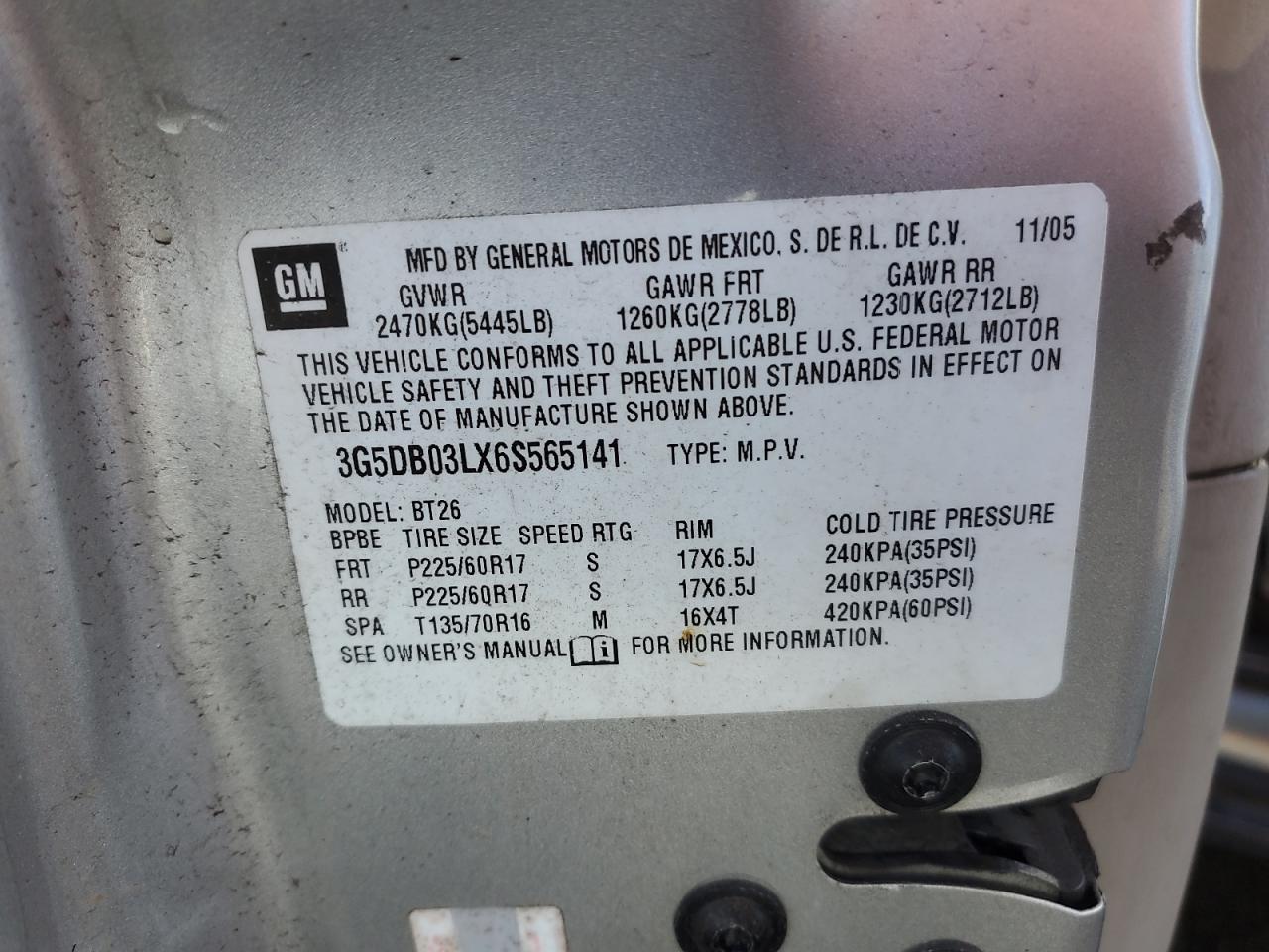 2006 Buick Rendezvous Cx VIN: 3G5DB03LX6S565141 Lot: 48931135