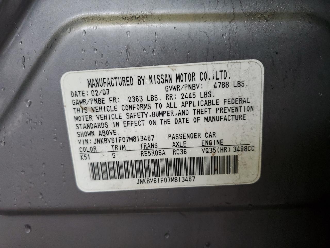 2007 Infiniti G35 VIN: JNKBV61F07M813467 Lot: 49890565