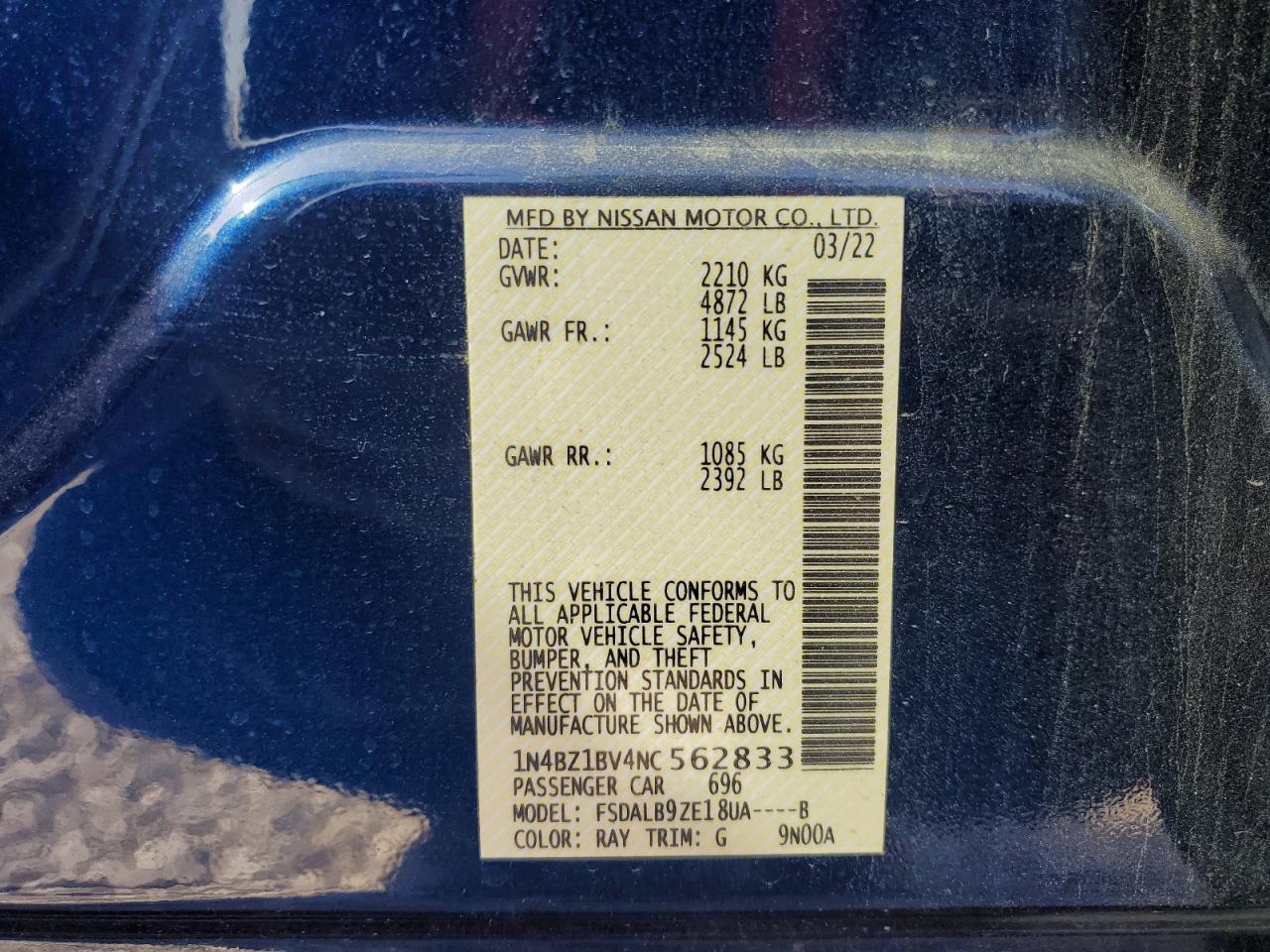 2022 Nissan Leaf S Plus VIN: 1N4BZ1BV4NC562833 Lot: 47132545