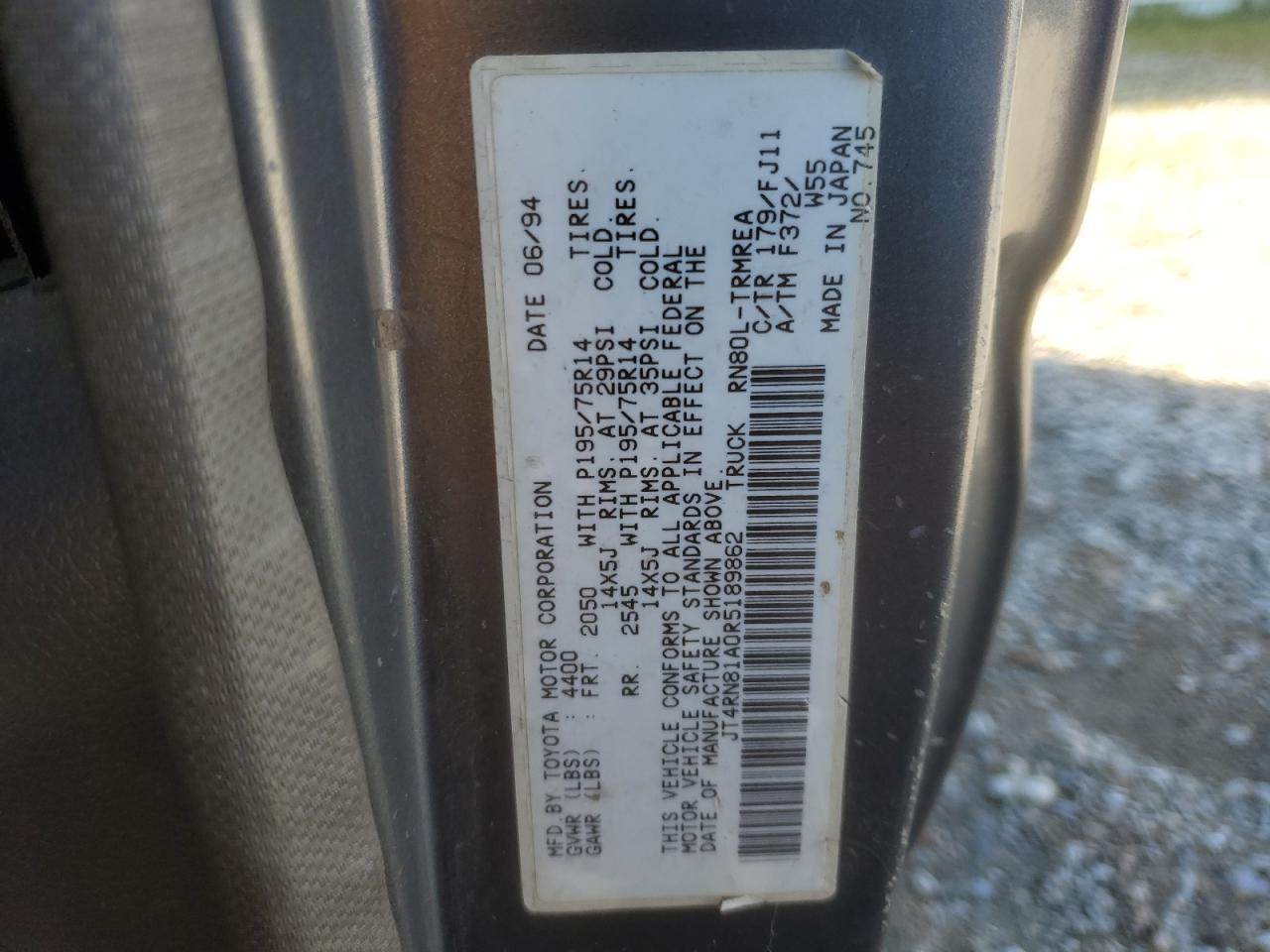 1994 Toyota Pickup 1/2 Ton Short Wheelbase VIN: JT4RN81A0R5189862 Lot: 48068445