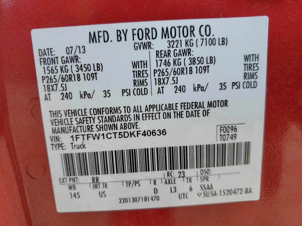 2013 Ford F150 Supercrew VIN: 1FTFW1CT5DKF40636 Lot: 48346255