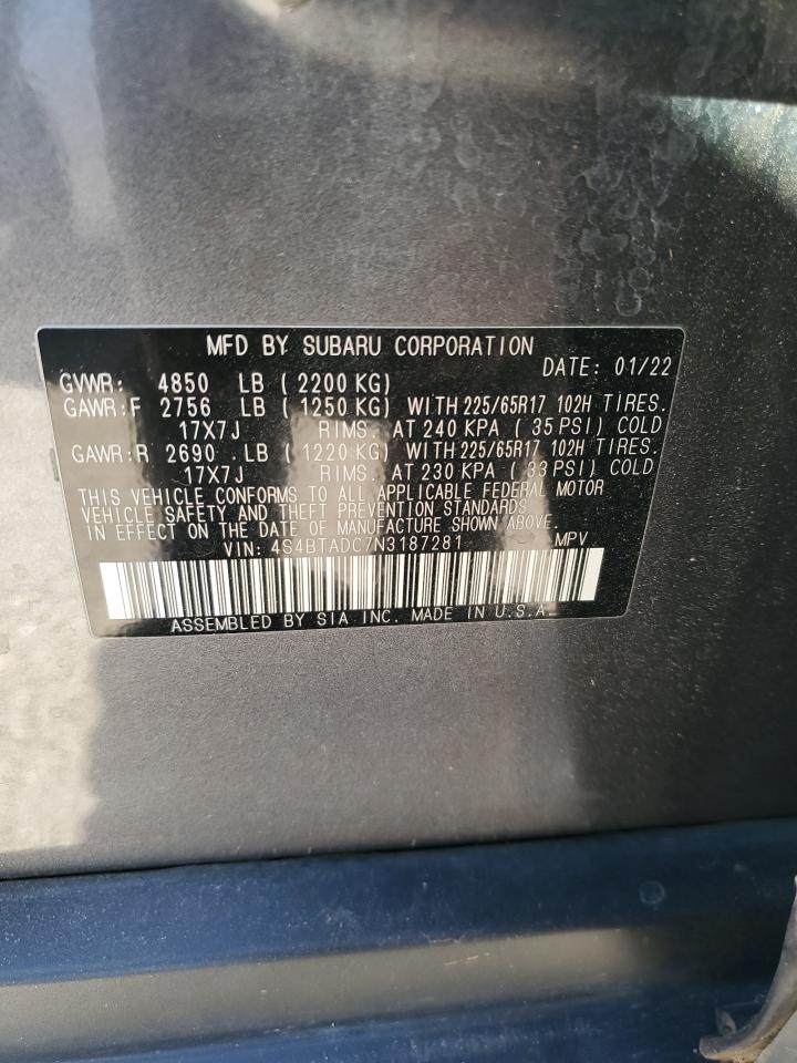 2022 Subaru Outback Premium VIN: 4S4BTADC7N3187281 Lot: 47477785