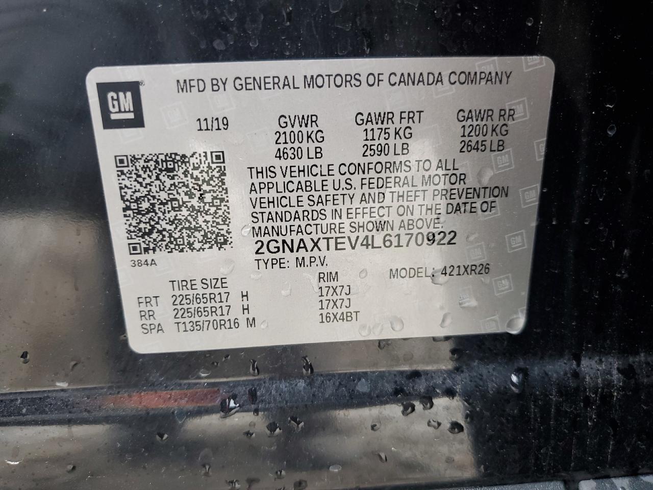 2020 Chevrolet Equinox Lt VIN: 2GNAXTEV4L6170922 Lot: 50928925