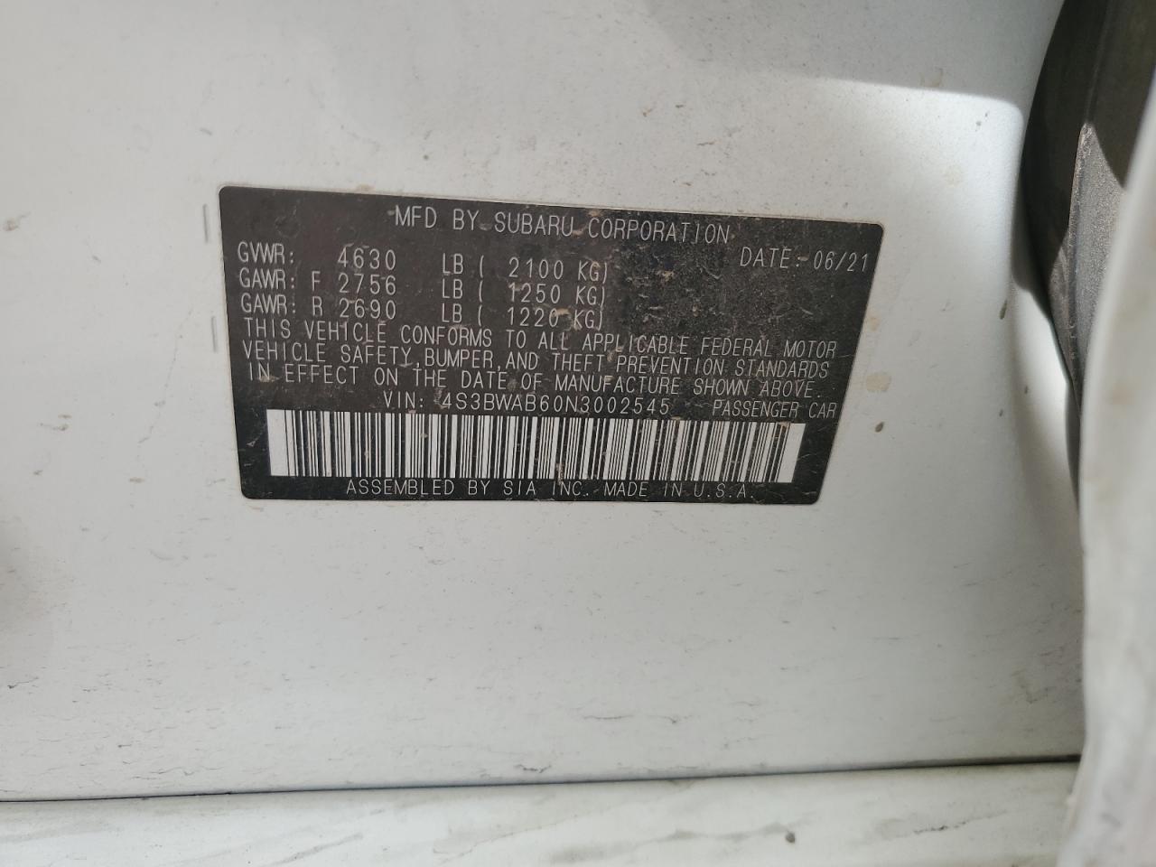 2022 Subaru Legacy VIN: 4S3BWAB60N3002545 Lot: 49141285