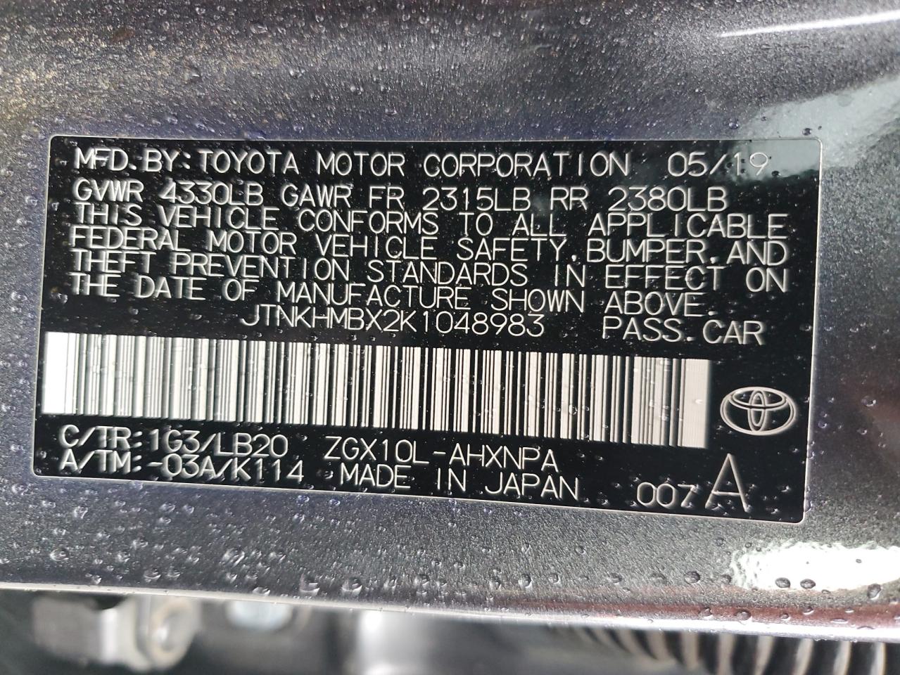 2019 Toyota C-Hr Xle VIN: JTNKHMBX2K1048983 Lot: 48986875