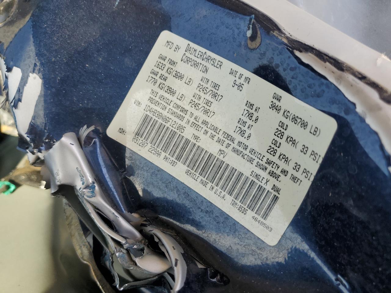 2006 Dodge Durango Sxt VIN: 1D4HB38N06F121005 Lot: 47610215