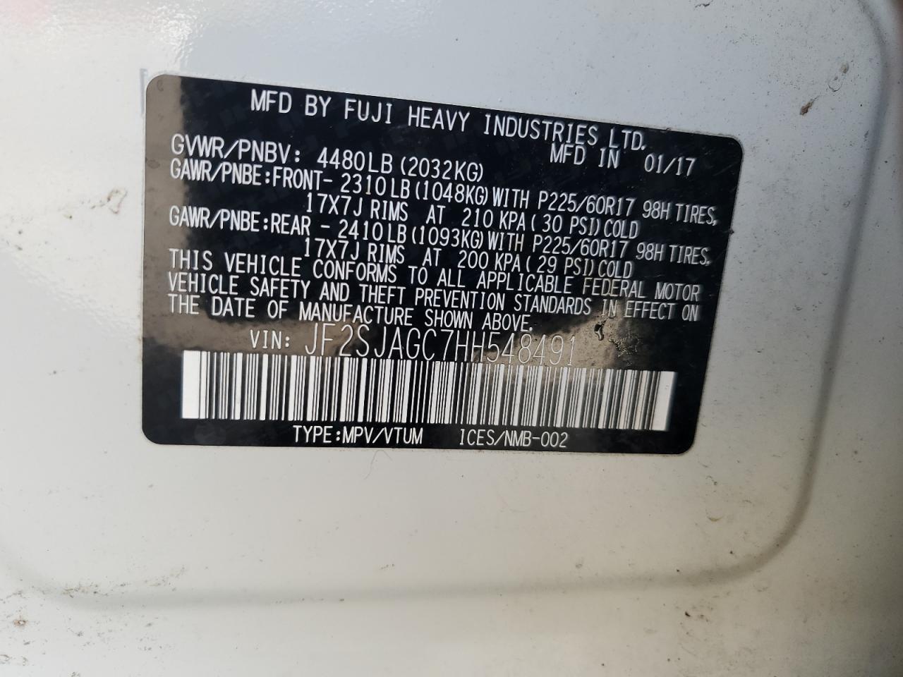 2017 Subaru Forester 2.5I Premium VIN: JF2SJAGC7HH548491 Lot: 47163565