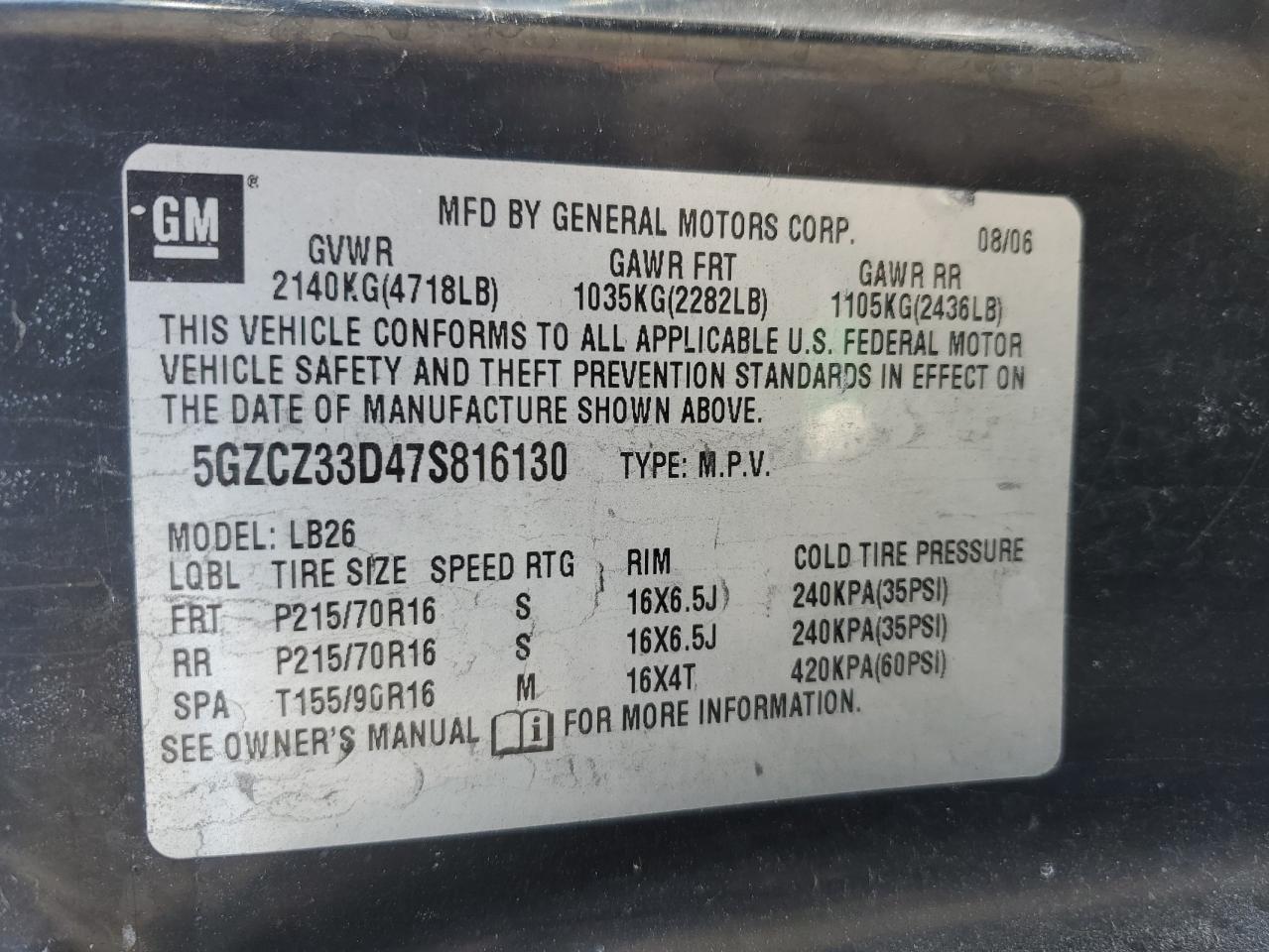 2007 Saturn Vue VIN: 5GZCZ33D47S816130 Lot: 50780825