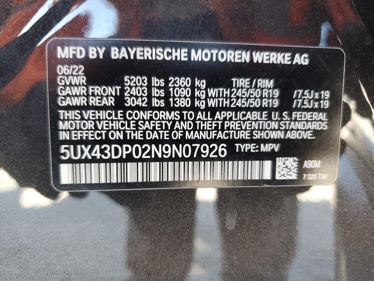 5ux43dp02n9n07926 5UX43DP02N9N07926 2022 BMW X3 Sdrive30I