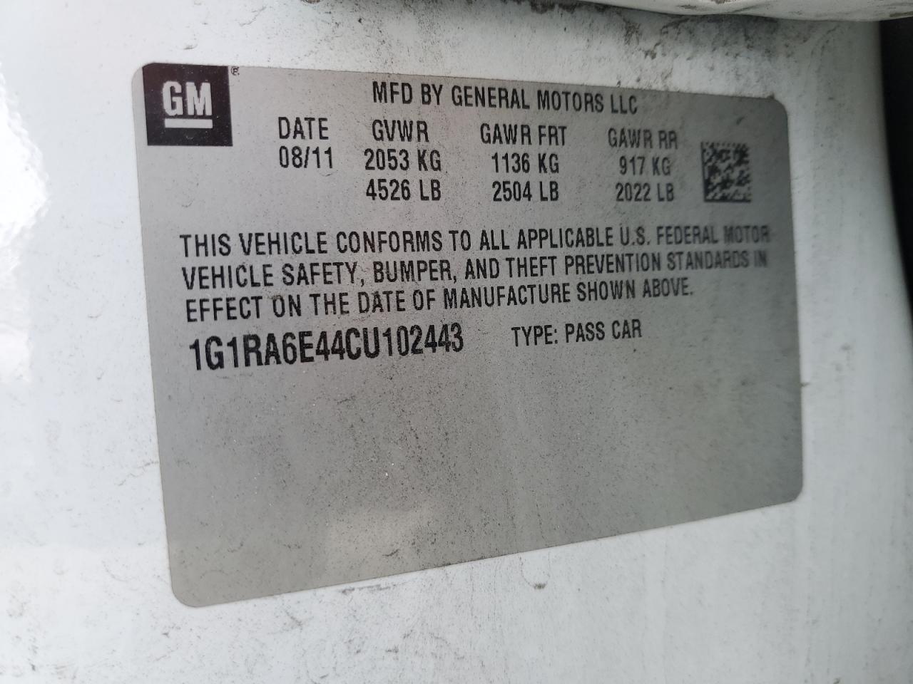 2012 Chevrolet Volt VIN: 1G1RA6E44CU102443 Lot: 50896305